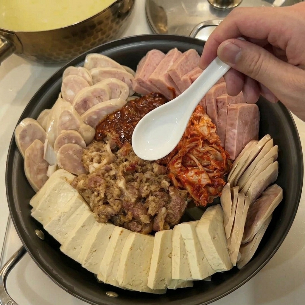 Stock being poured over the arranged ingredients in the hot pot pan.