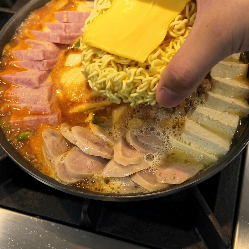 A block of instant ramen noodles topped with a single slice of cheddar cheese, placed in the center of a boiling pot of army stew.