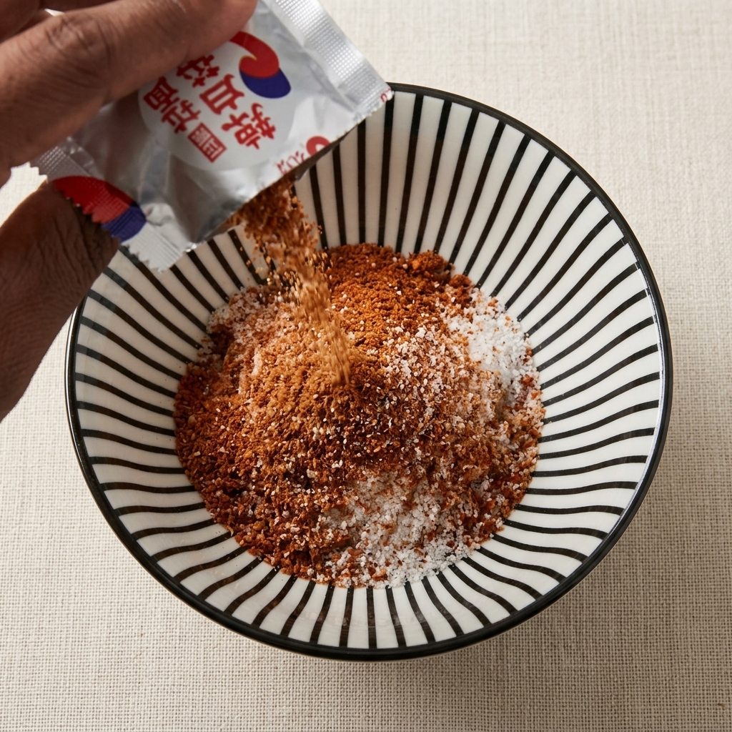 Shin Ramyun seasoning powder being poured from a silver packet into the mixing bowl.