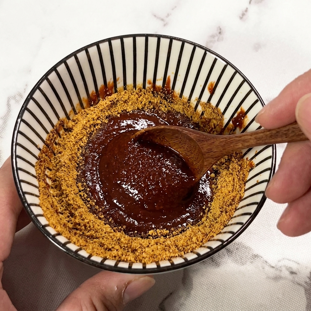 A wooden spoon mixing the various sauce ingredients in the striped bowl until uniform.
