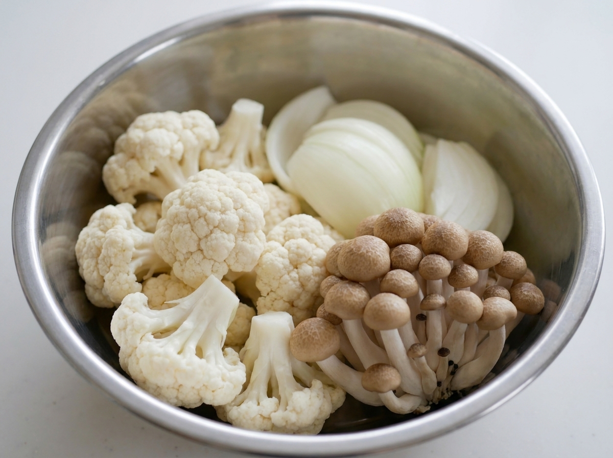 Cauliflower florets and shimeji mushrooms being added to the stew pot.