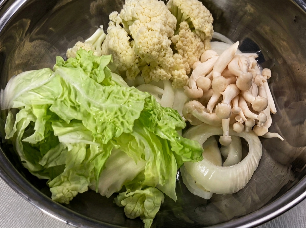 Cabbage leaves and white rice cakes arranged inside the cooking pot.