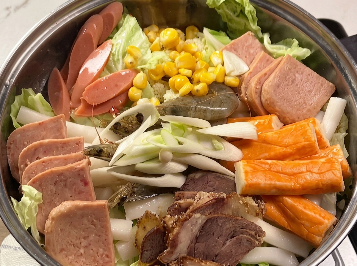Clear water being poured into the pot, partially submerging the prepared ingredients.