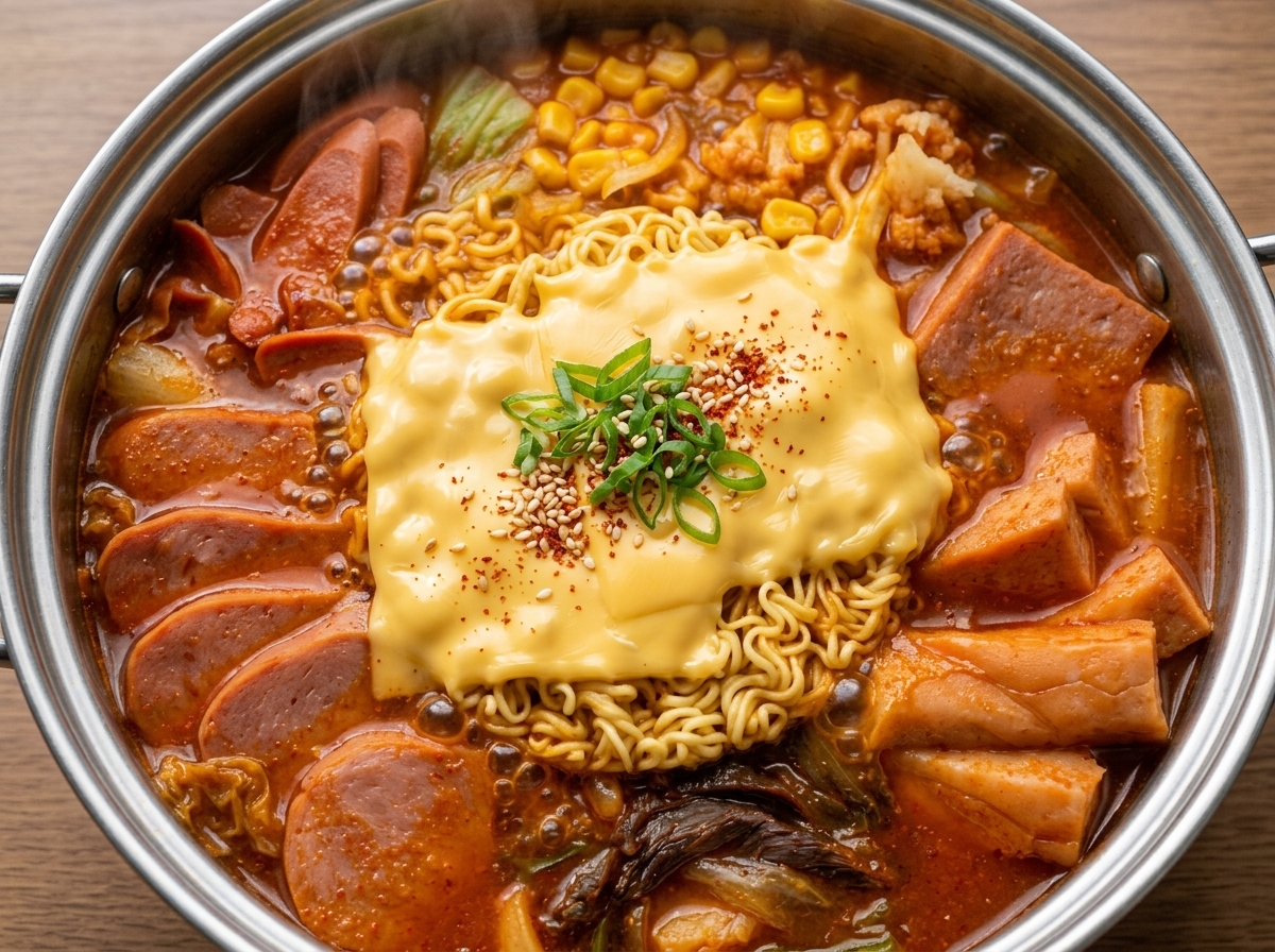 A raw egg cracked perfectly into the center of the cheese-covered noodles, ready to be poached in the stew.