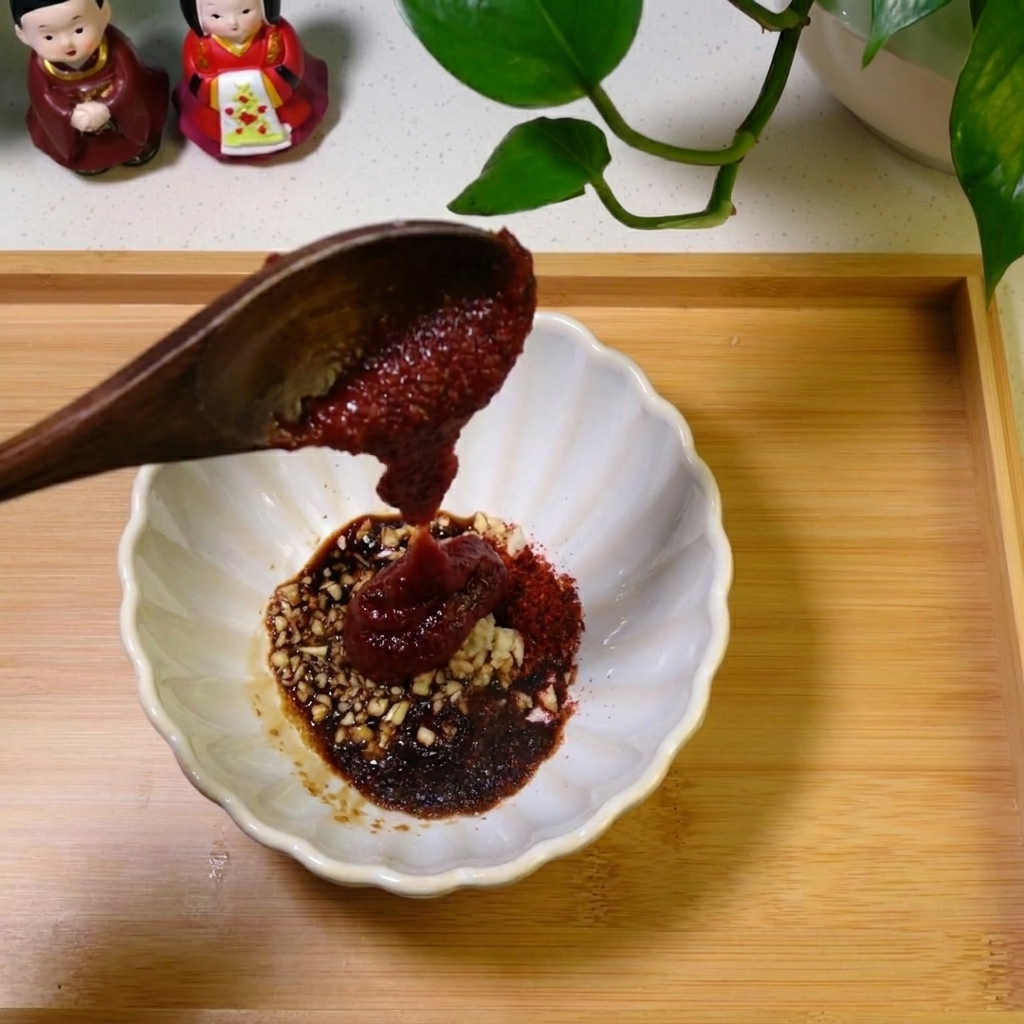 A close-up view of a hand mixing the sauce ingredients in a bowl using a small wooden spoon.