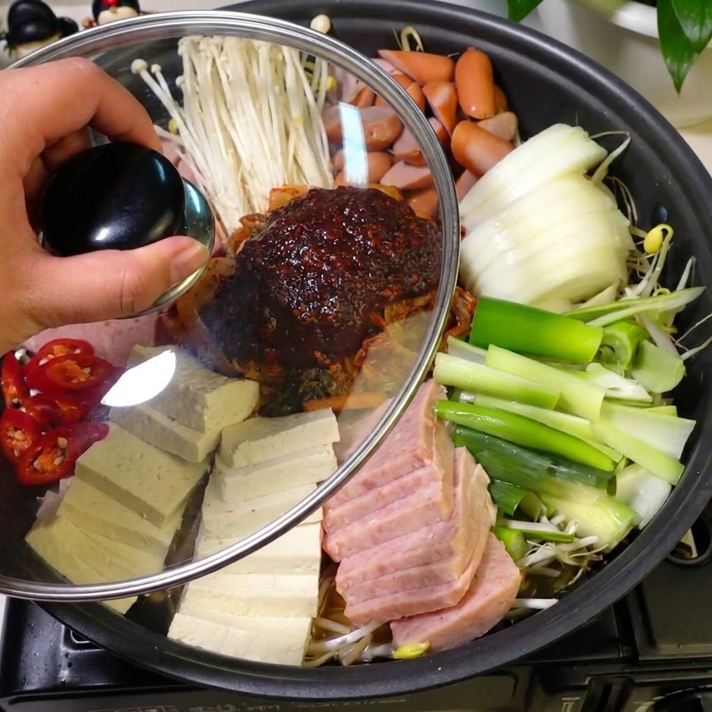 Two blocks of dried ramen noodles being placed into the center of a boiling pot of stew.