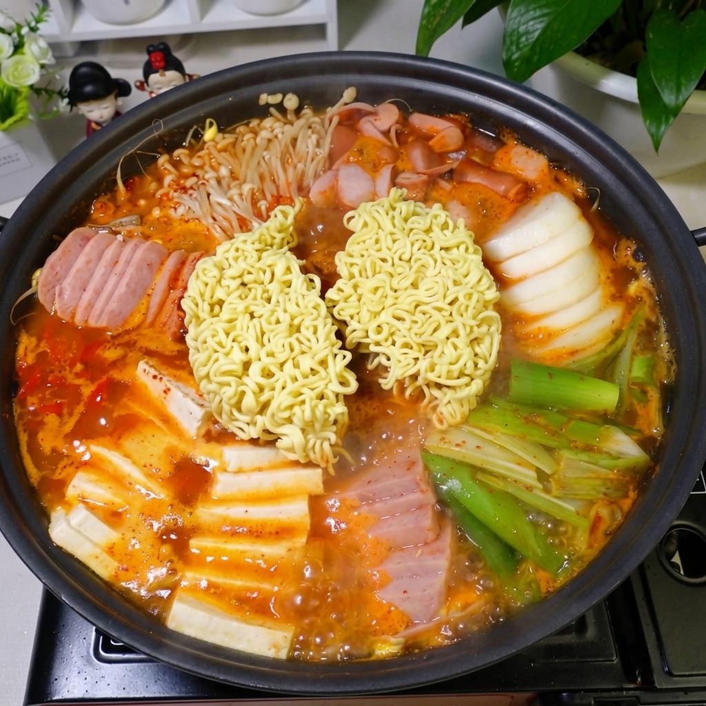 A single slice of yellow cheese melting over the top of the ramen noodles in the steaming stew.
