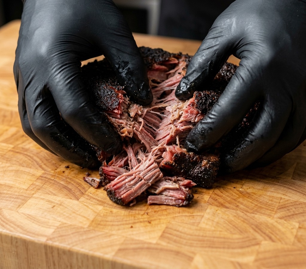 A person wearing black gloves pulls apart a large piece of dark-crusted smoked pork collar into pink shredded strips on a wooden board.