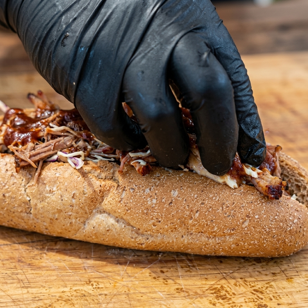 A gloved hand pressing pulled pork and coleslaw filling into a toasted whole wheat baguette.