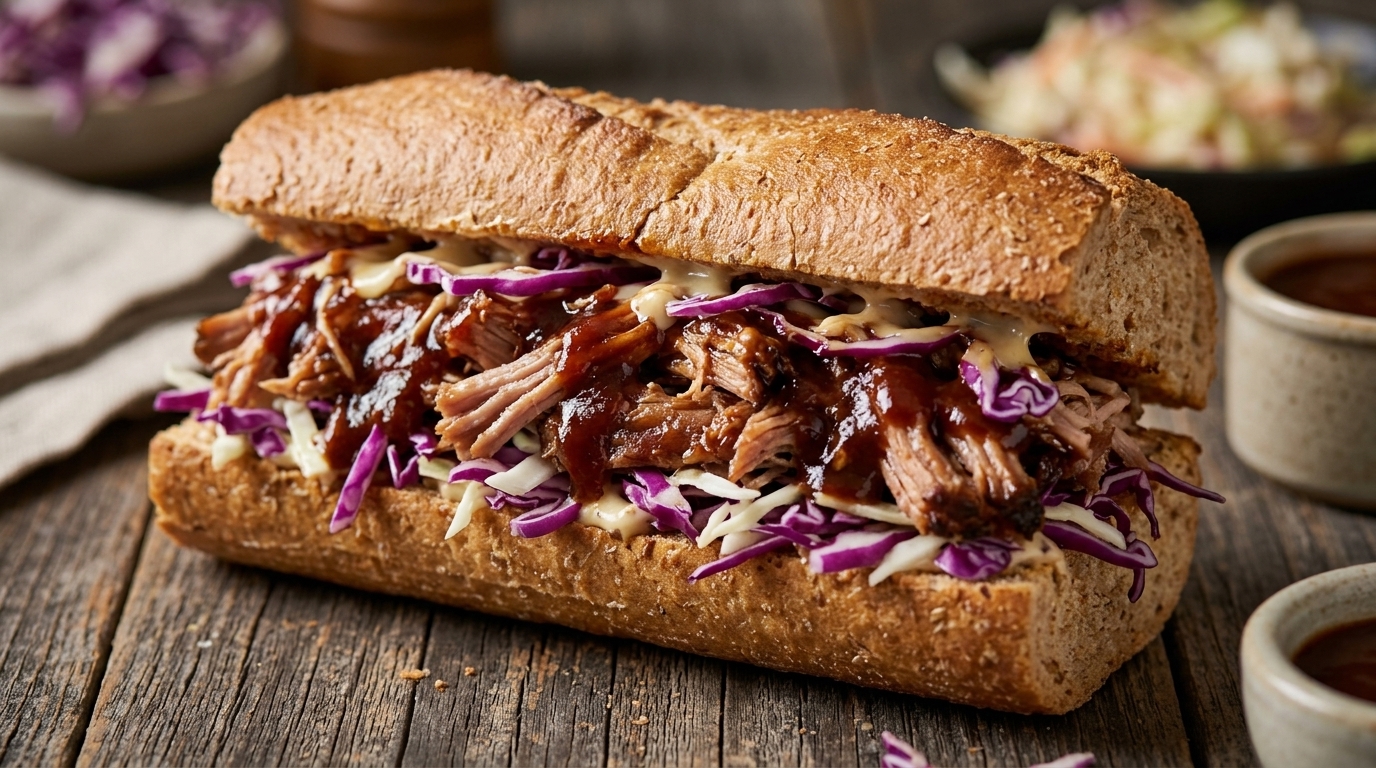 A toasted whole wheat baguette overflowing with saucy pulled pork and vibrant purple cabbage coleslaw.