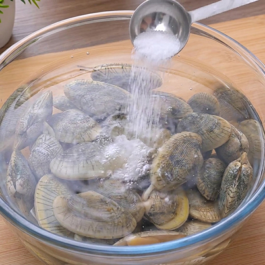 A measuring spoon pouring white salt into a glass bowl containing water and several raw clams.