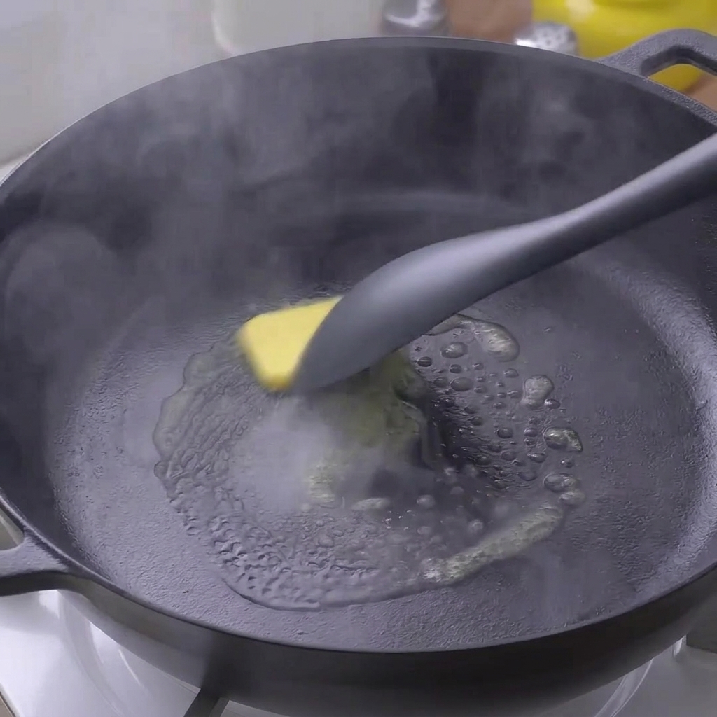 A single square of yellow butter melting and foaming in the center of a hot black pan.