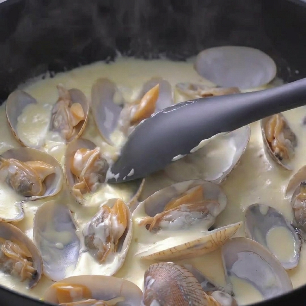 A dark gray spatula stirring white heavy cream into a pan of opened clams to create a rich and creamy sauce.