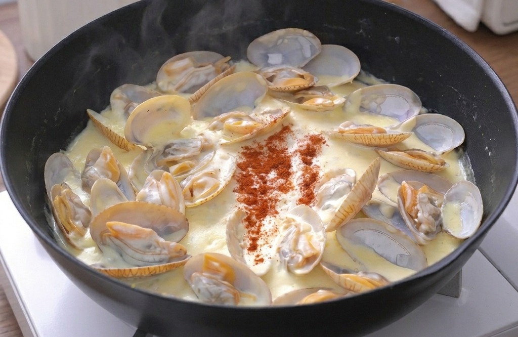 A black pan of creamy clams simmering on a white portable stove with steam rising from the bubbling white sauce.