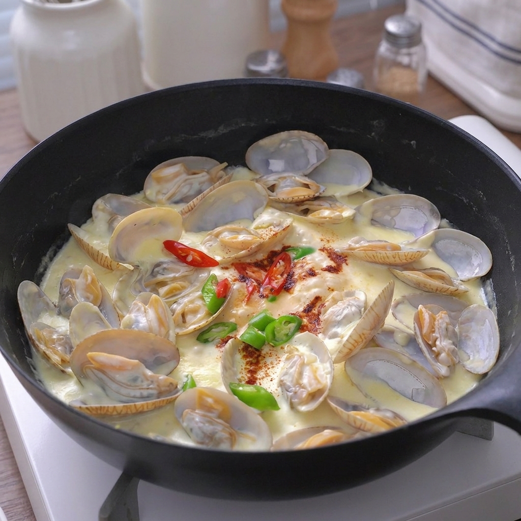 A hand seasoning a skillet of clams in white sauce with a pinch of salt and sugar.