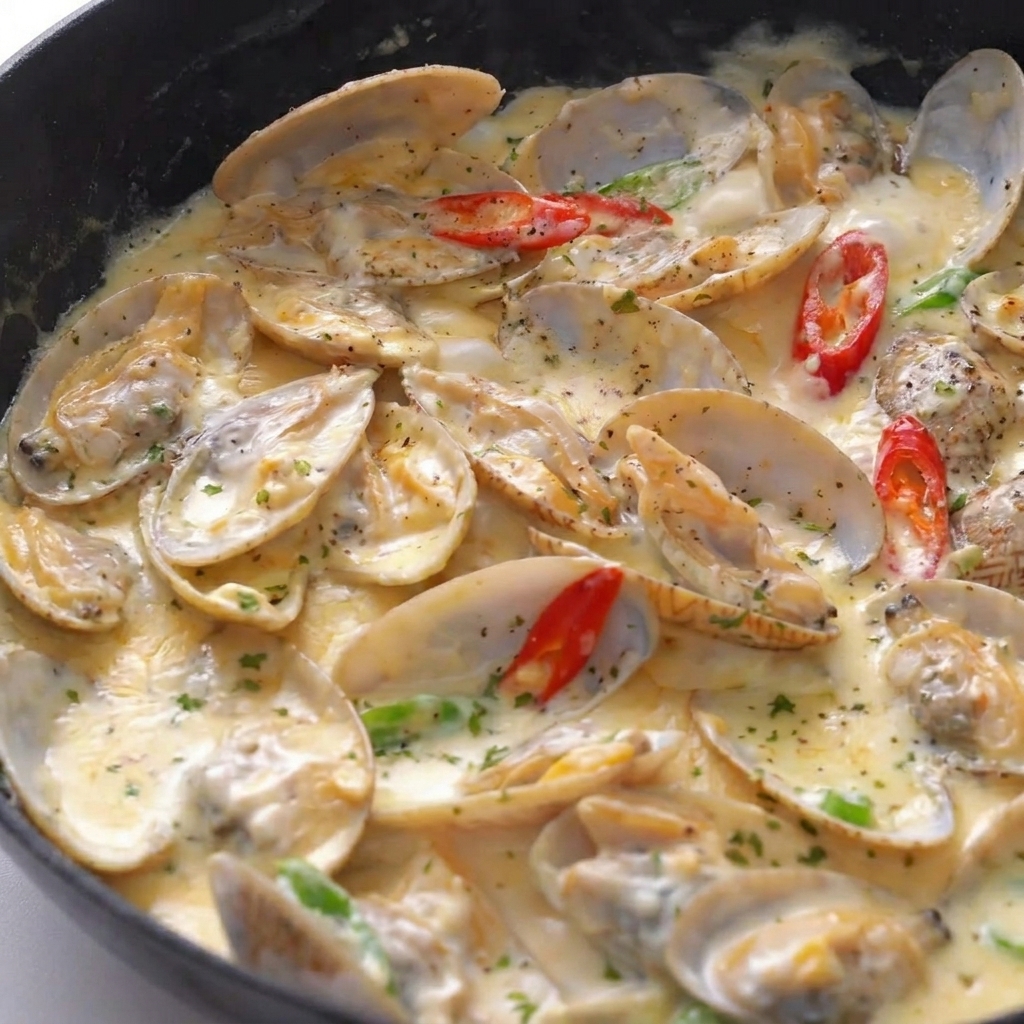Freshly sliced red and green chili peppers scattered over cooked clams in a thick, creamy white sauce.