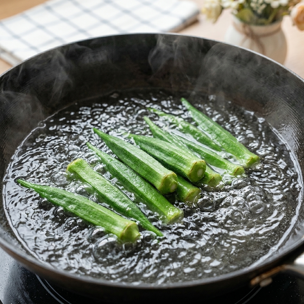 Green okra pods being blanched in a pan of bubbling boiling water.