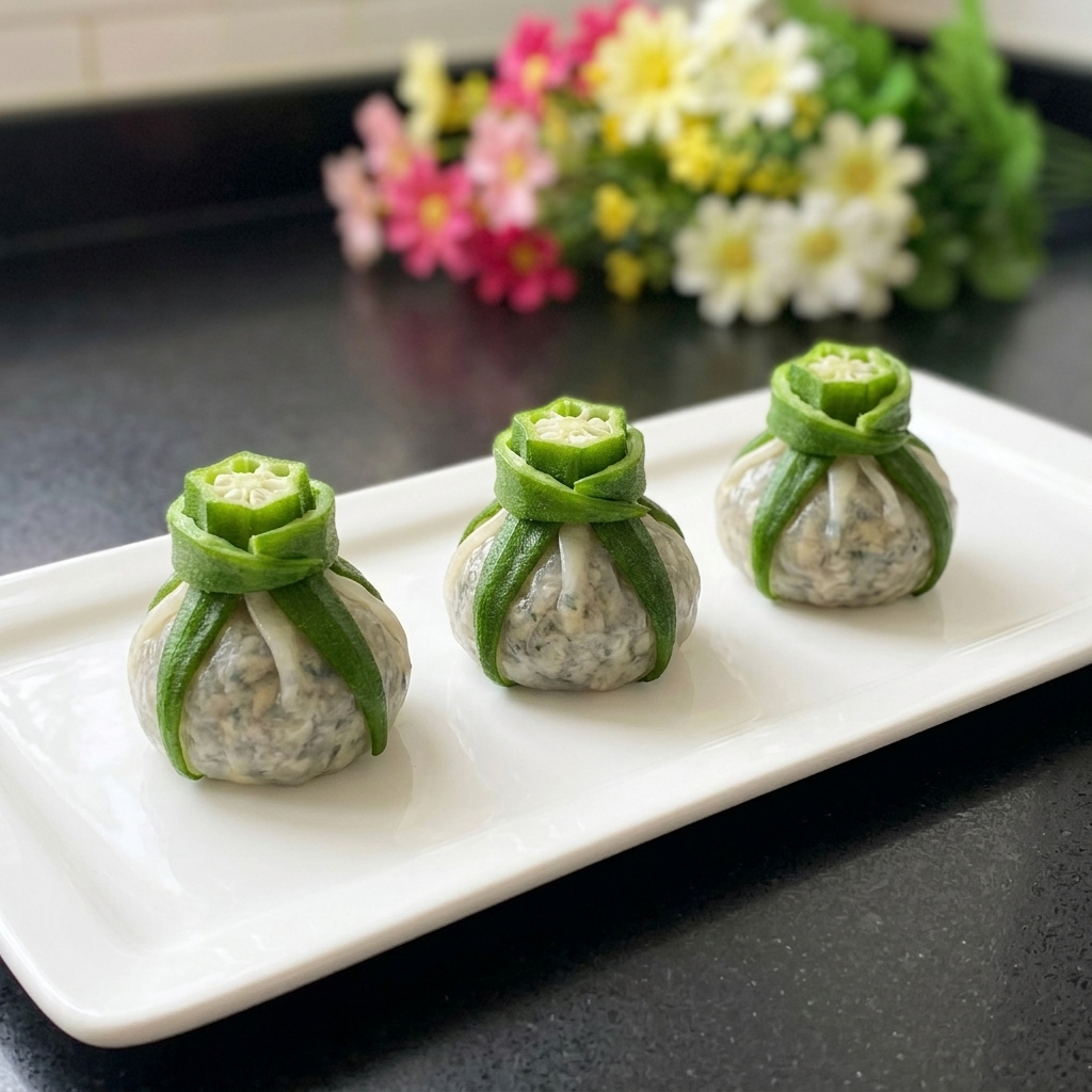 Three beautifully arranged stuffed okra pods sitting on a white rectangular plate before being steamed.