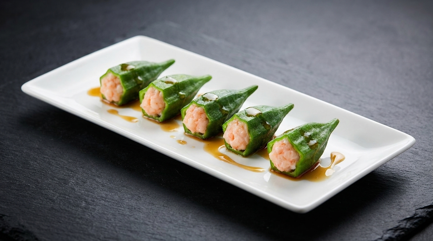 Steamed Okra Stuffed with Savory Shrimp Mince