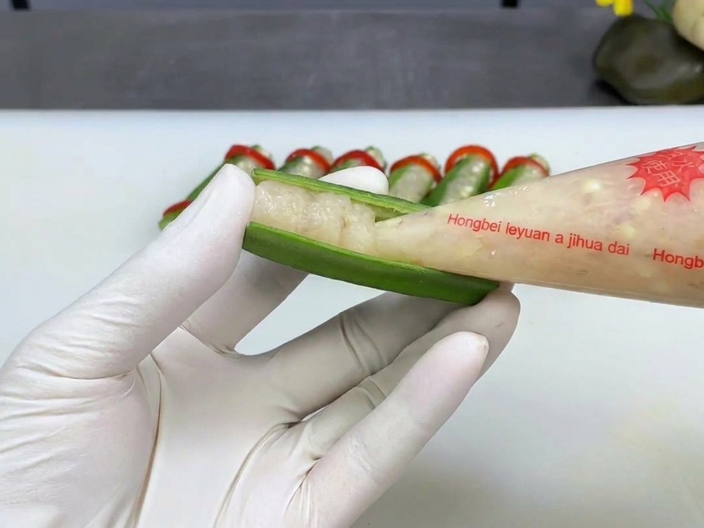 A gloved hand holding a split green okra pod while a clear plastic piping bag fills the hollow center with savory shrimp paste.