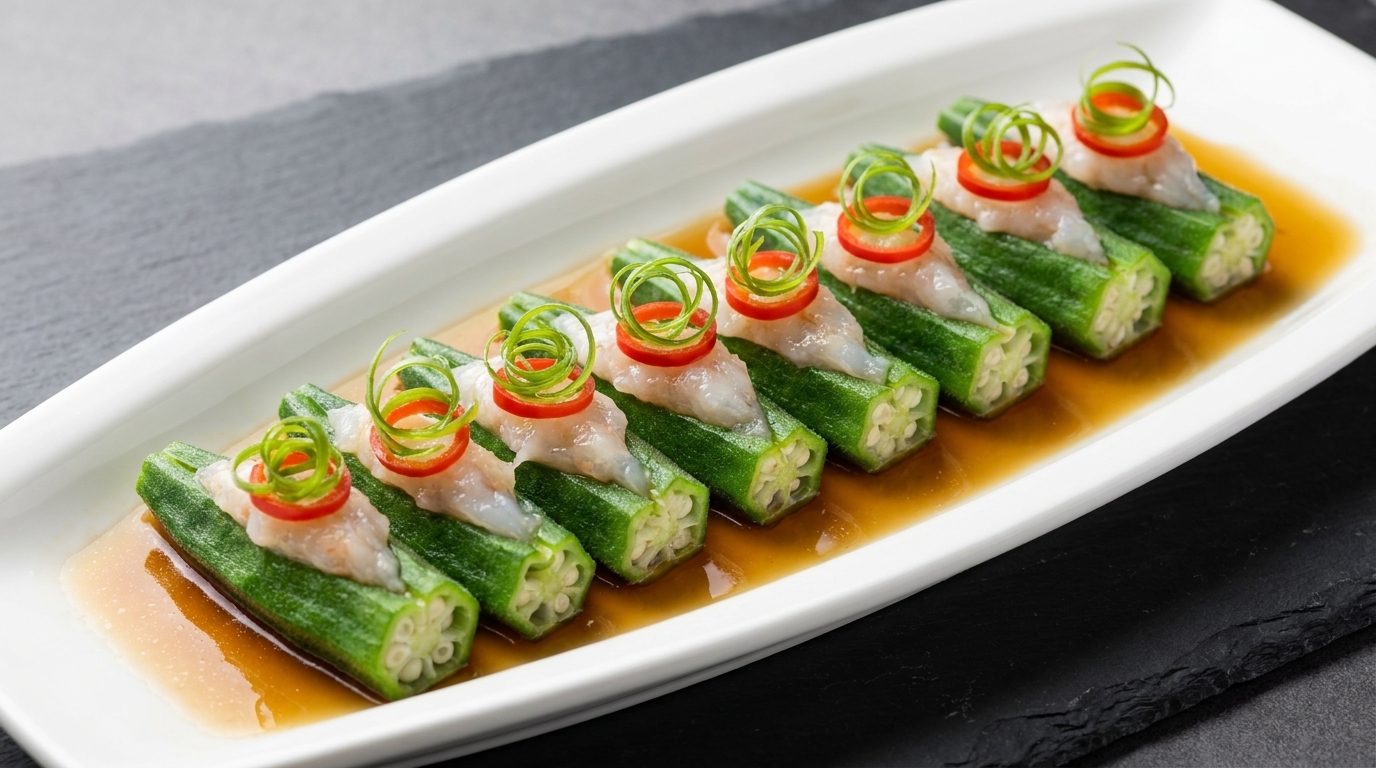 Steamed Okra Stuffed with Savory Shrimp Paste (Kung Fu Okra)