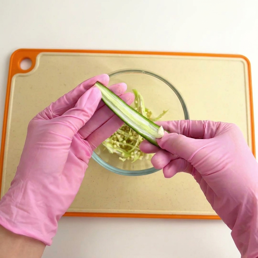 A person wearing pink gloves removing the internal seeds from a green okra pod sliced in half.
