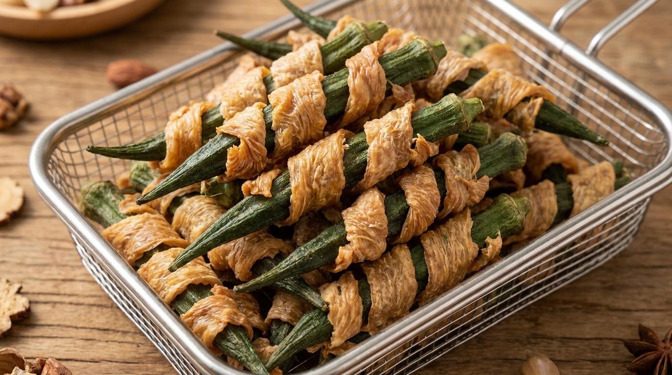 A pile of crispy, dehydrated chicken-wrapped okra snacks beautifully arranged in a metal mesh basket.