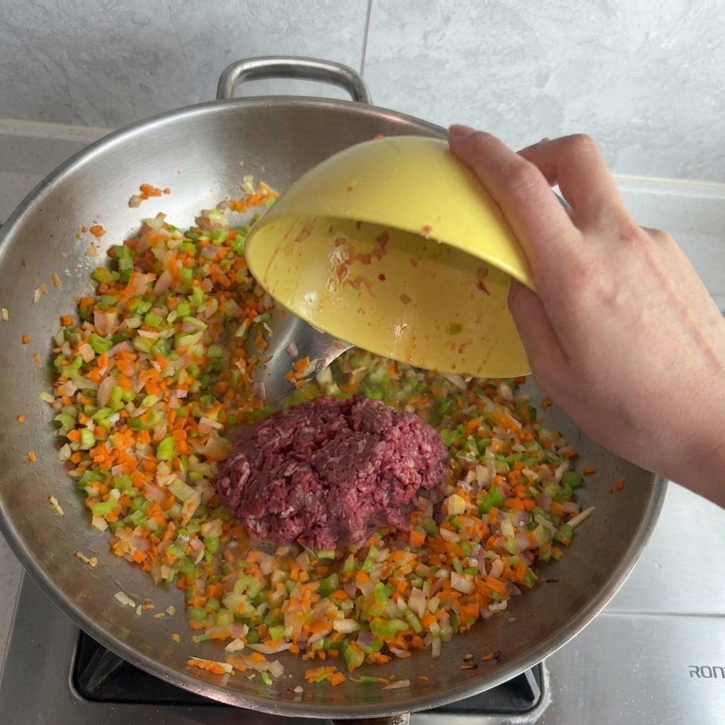 Raw ground meat being poured from a yellow bowl into a large pan filled with sautéed carrots, celery, and onions.