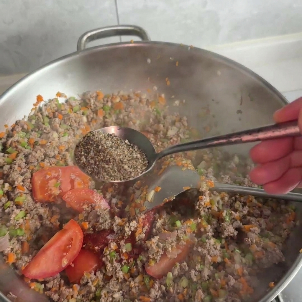 A large metal spoon filled with black pepper being held over a pan of simmering meat and vegetable sauce.