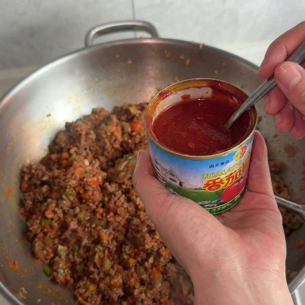 A hand holding an open tin of tomato paste and using a spoon to add it into a pan of cooked minced meat.