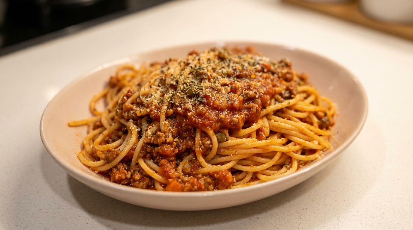 A plate of spaghetti generously topped with a slow-cooked beef and pork ragù, garnished with Parmesan and dried herbs.