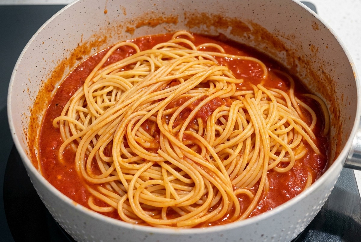 Cooked spaghetti noodles placed on top of a bubbling red sauce in a light-colored pan.