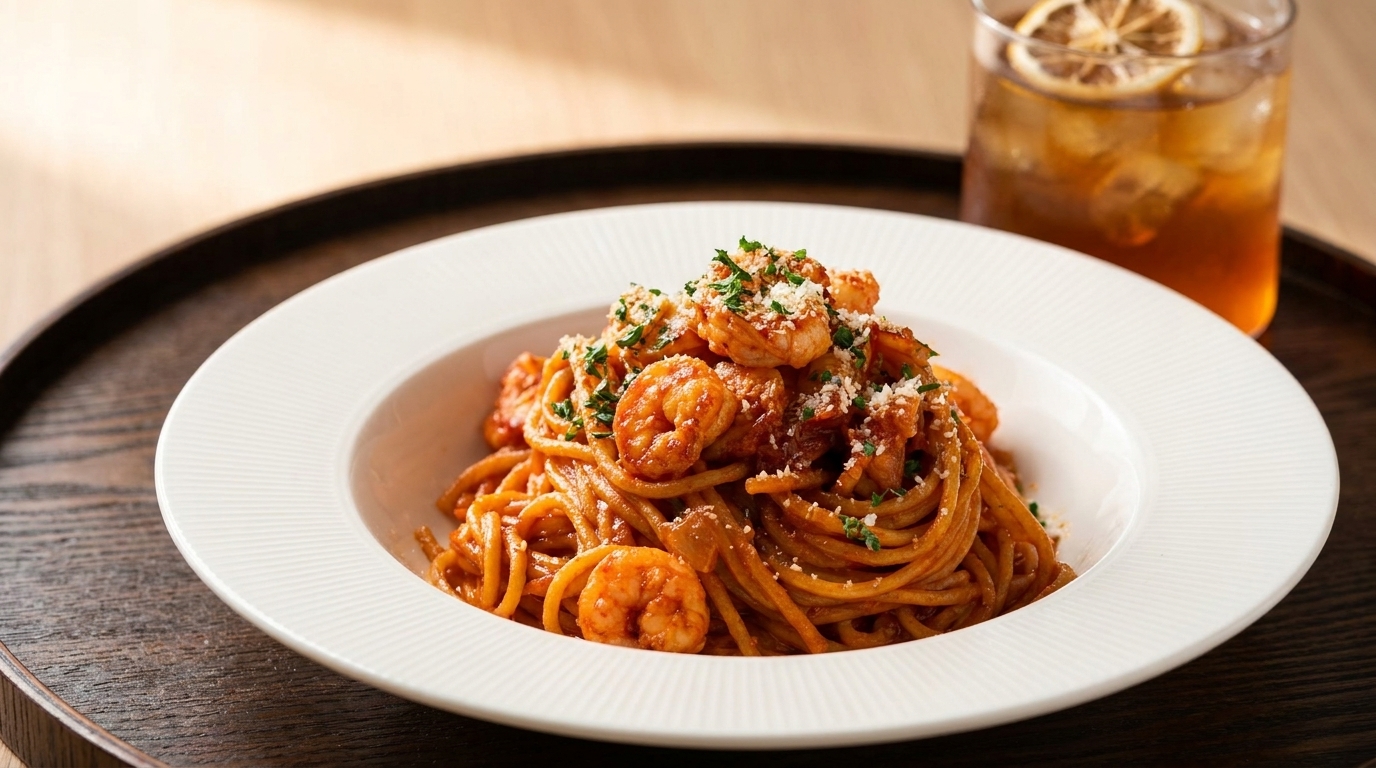 A plate of spicy garlic shrimp pasta finished with fresh parsley and a dusting of Parmesan cheese