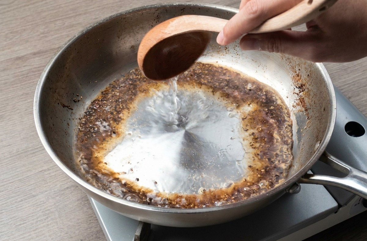 Starchy pasta water being ladled into a skillet containing toasted black pepper, creating a bubbling sauce base.