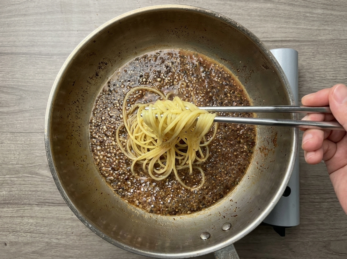 A bunch of spaghetti being lifted with tongs and moved into a skillet filled with peppery pasta water.