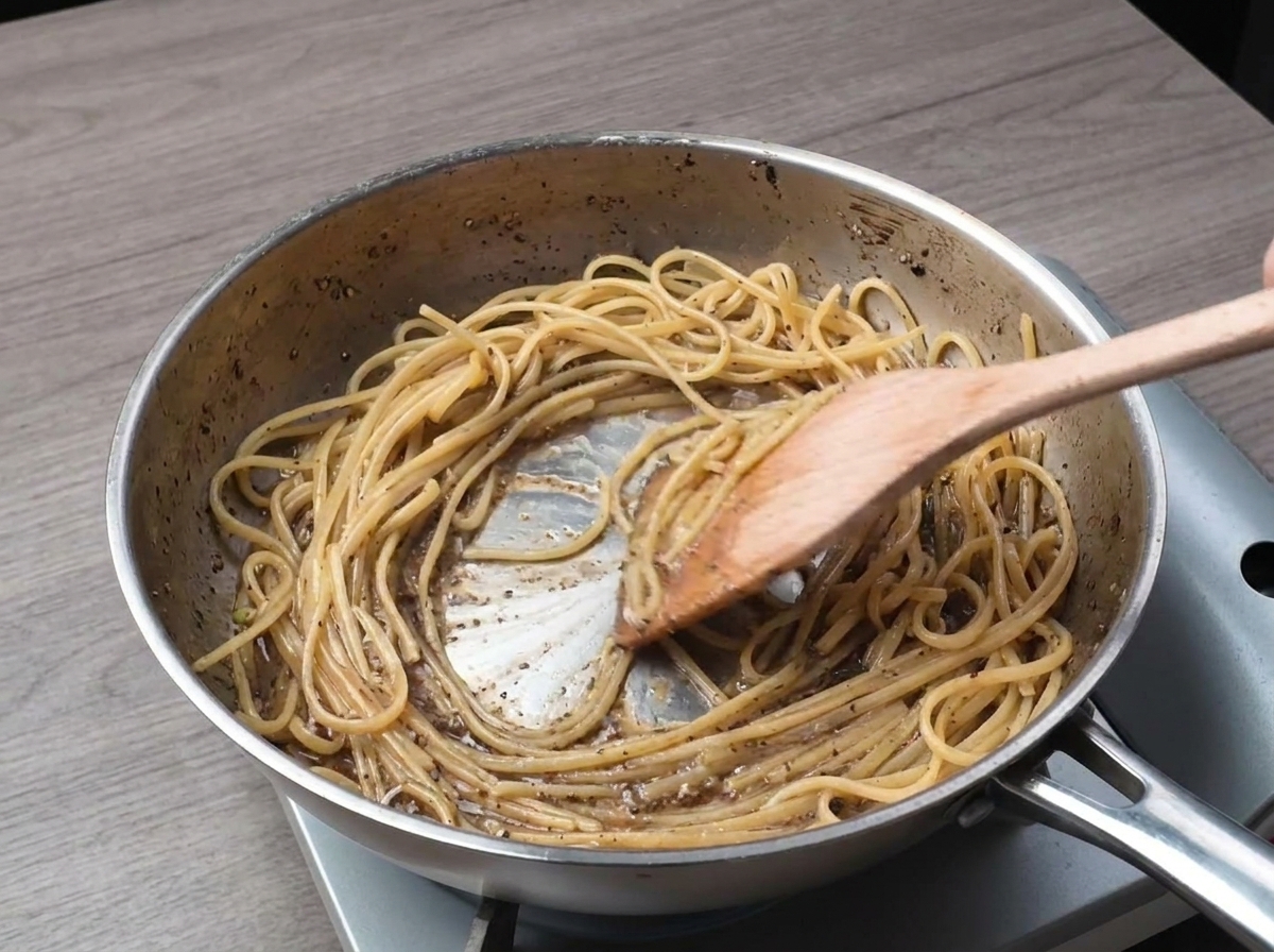 Spaghetti being stirred with a wooden spoon in a stainless steel skillet to emulsify the pepper sauce.