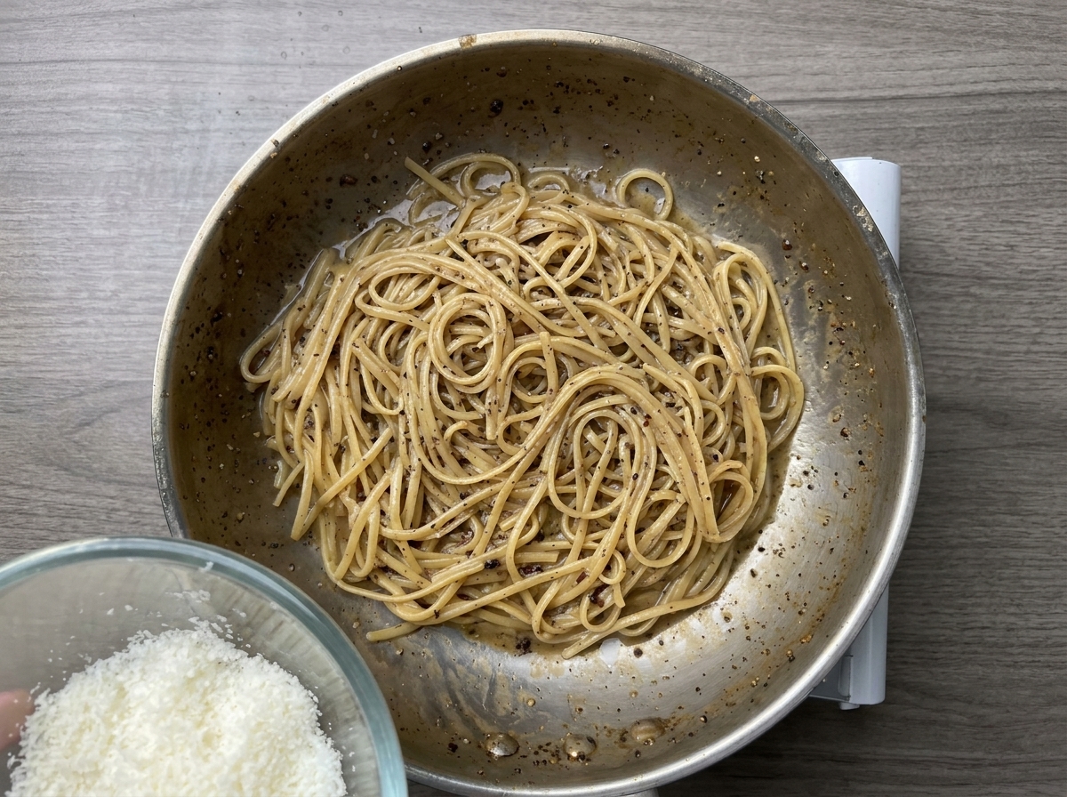 A bowl of finely grated white cheese being added to a skillet of pepper pasta after the heat is turned off.
