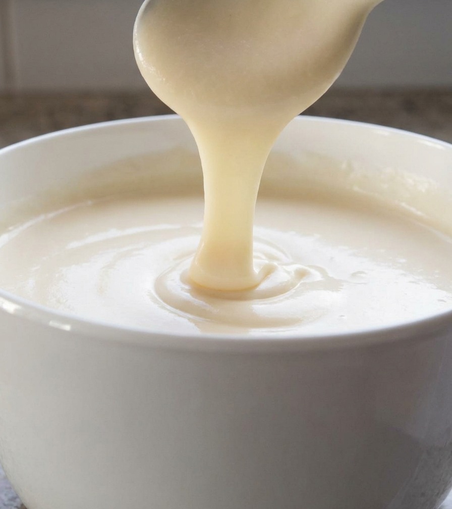 A thick, smooth, and creamy white cheese sauce dripping slowly from a white spoon back into a bowl.