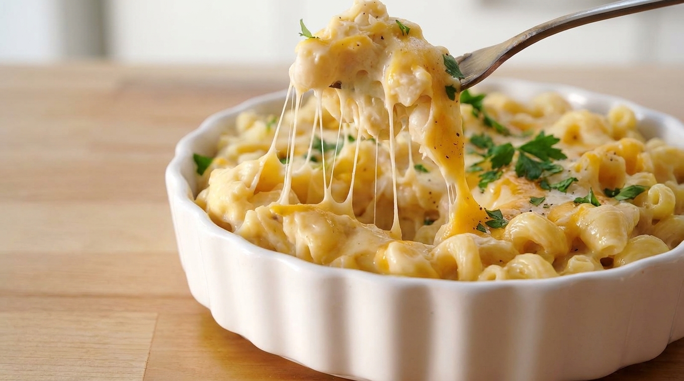 A forkful of spiral pasta dripping with a rich, melted mozzarella and cheddar cheese sauce.