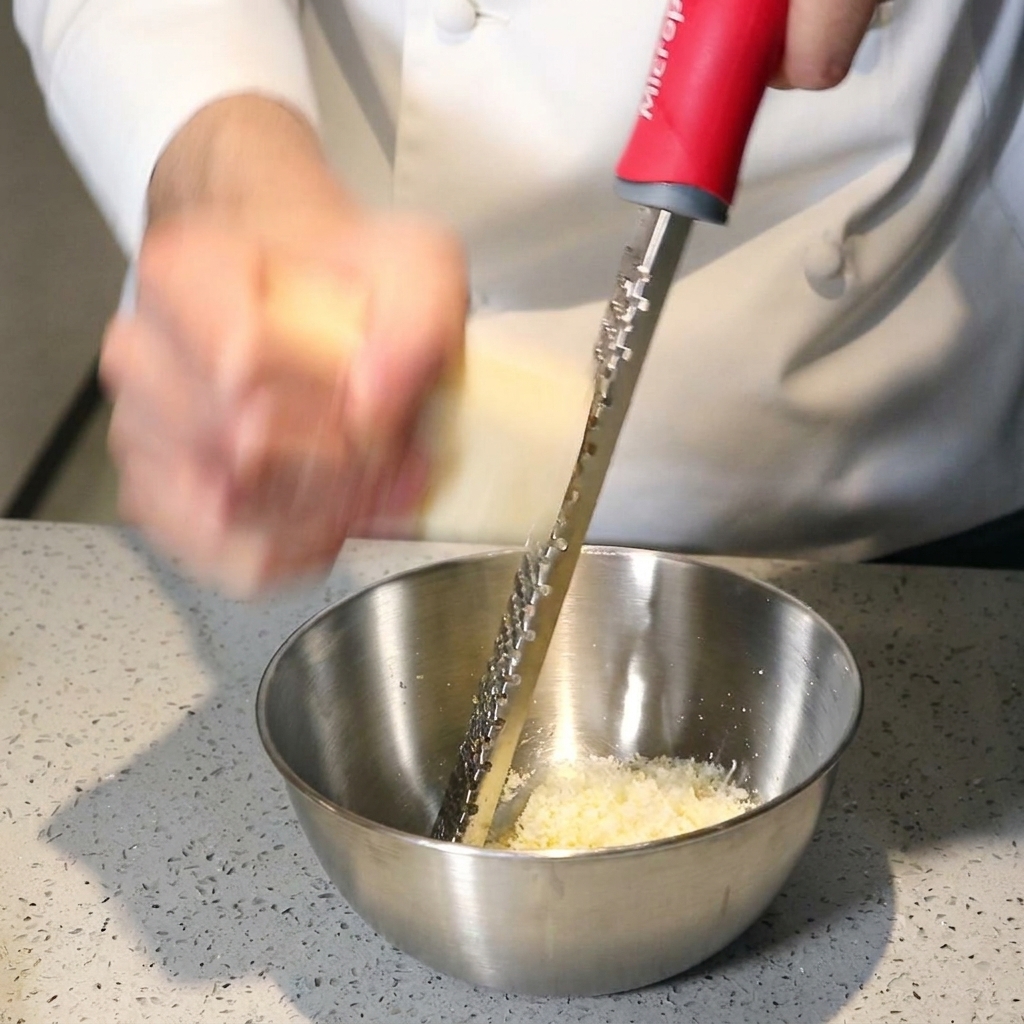 Hands quickly grating a wedge of hard cheese over a stainless steel mixing bowl using a long handheld grater.