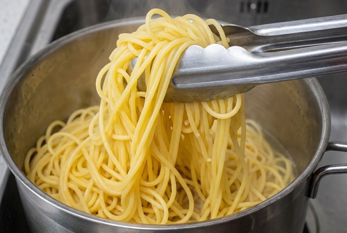 Metal tongs lifting a bundle of steaming spaghetti from a pot to be placed in a metal tray.