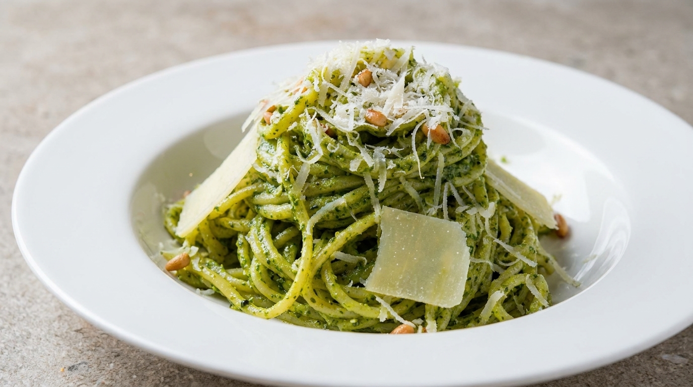Creamy Basil Pesto Spaghetti with Toasted Pine Nuts