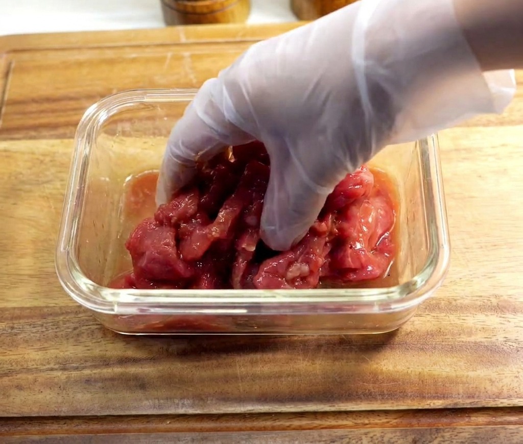 A person wearing a clear plastic glove mixing marinated raw beef slices in a glass bowl.