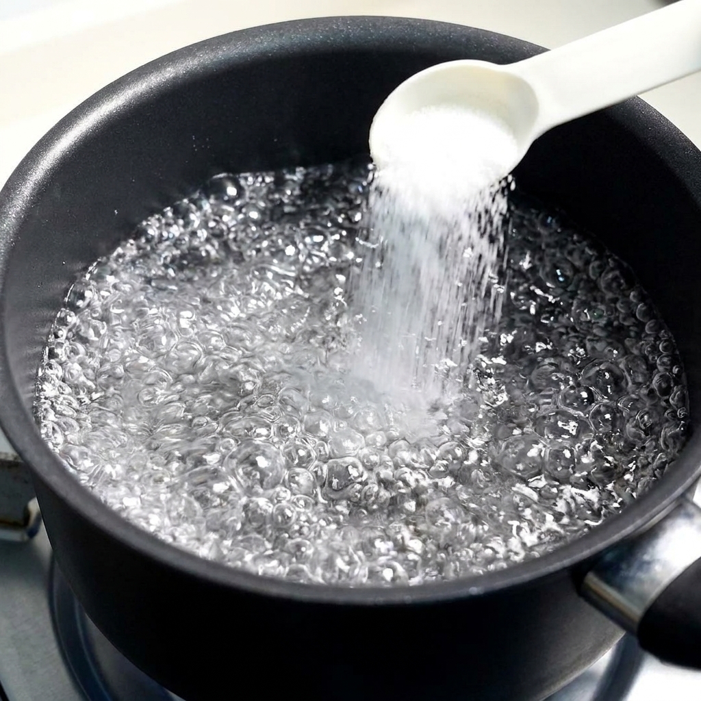 Salt being poured from a white measuring spoon into a pot of rapidly boiling water.