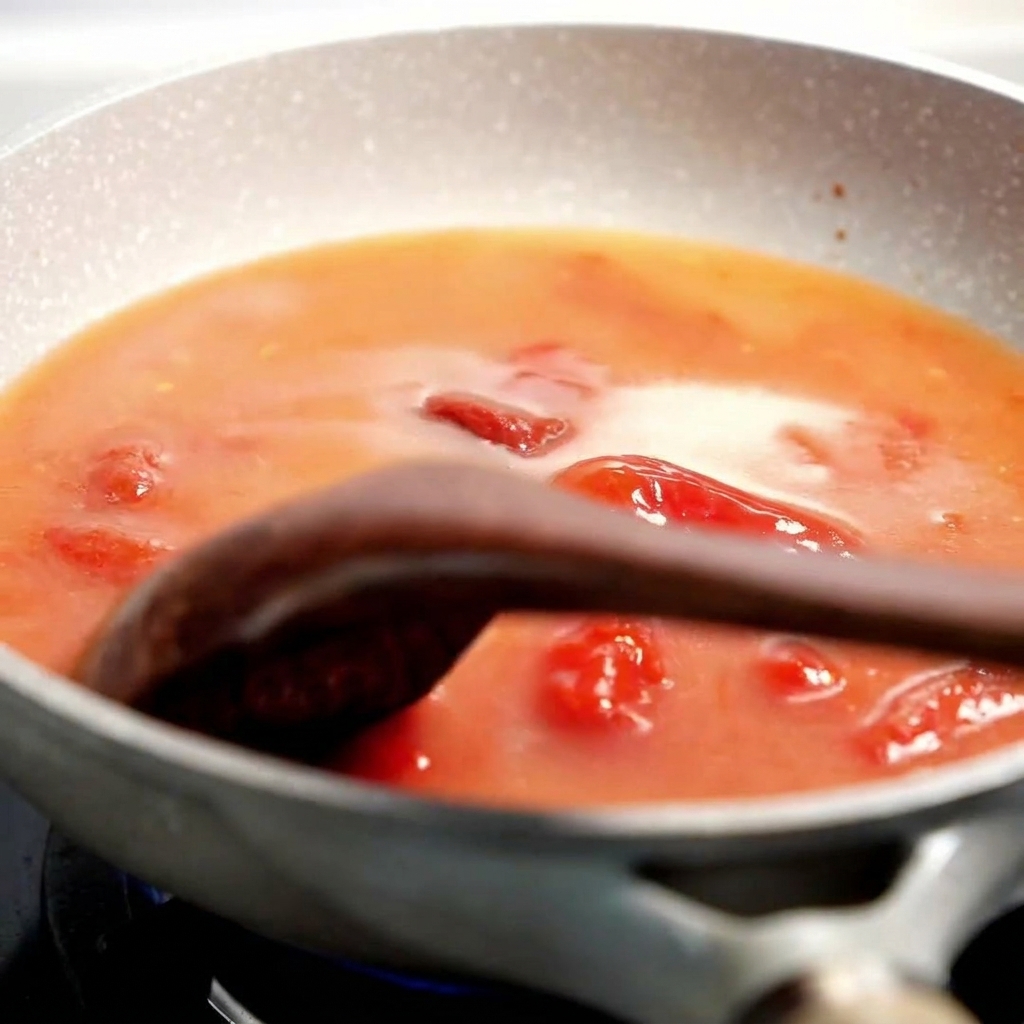 A wooden spatula mashing chunks of tomato in a simmering, thick red sauce in a skillet.