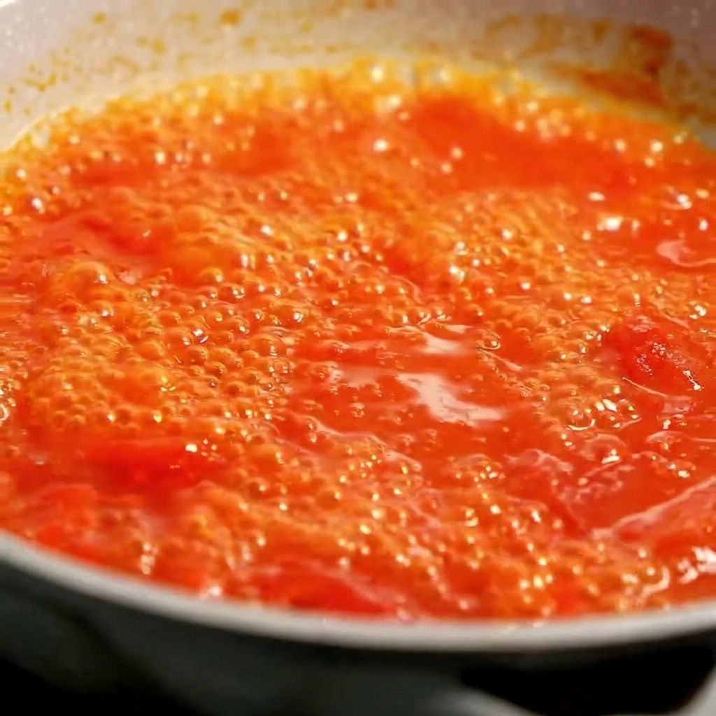 A close up view of a vibrant red tomato sauce bubbling and simmering in a wide pan.
