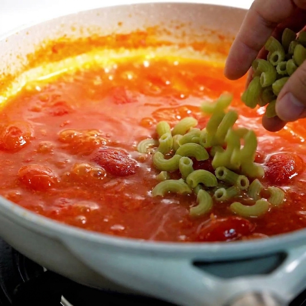A hand adding elbow macaroni into a pan of bubbling thick red tomato sauce with visible tomato chunks.