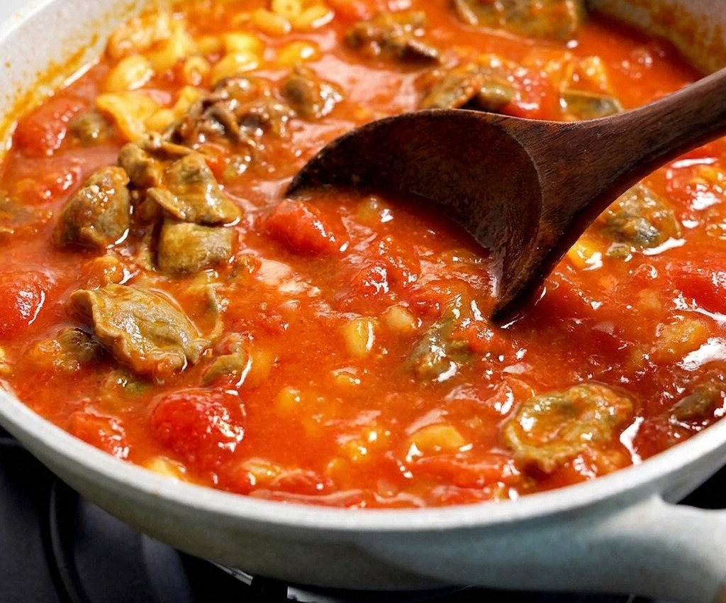 Elbow macaroni and thin beef strips being tossed and stirred into a thick red tomato sauce in a frying pan.