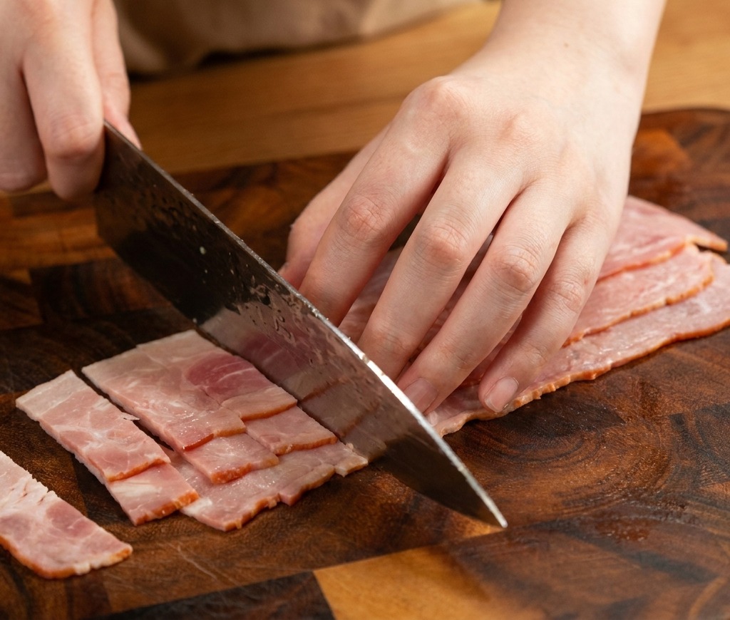 Hands slicing bacon strips and dicing a yellow onion on a wooden cutting board with a kitchen knife.