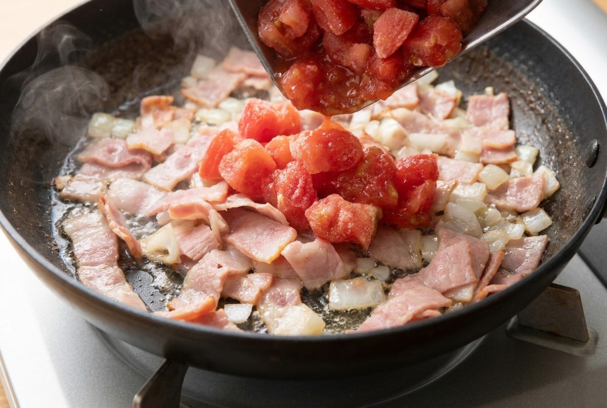 Sliced bacon and diced onions cooking in a pan with chopped tomatoes being added to the mixture.